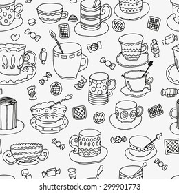 Seamless pattern with cups and mugs. Doodle, pattern, coffee or tea time, cupcake, cups, candy, lollipops. Stock vector.