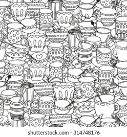 Seamless pattern with cups and mugs. Doodle, pattern, coffee or tea time, cupcake, cups, candy, lollipops.  Ethnic, floral, retro, doodle, vector, tribal design element. Black and white. 