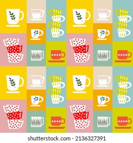 Seamless pattern with cups on a colored background. Kitchen dishes. Vector illustration. For use in fabrics, scrapbooking, covers, packaging, flyers, cafes and menus.