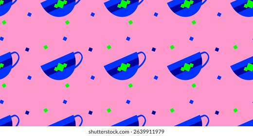 Seamless pattern of cups on a colored background. Vector illustration for fabric design, cover, wallpaper, packaging