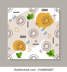 Seamless pattern with cups on saucers, coffee beans, mint and ice. Geometric design in Memphis style. Template for packages, flyers, banners, restaurant or cafe menu design. Stock vector illustration.