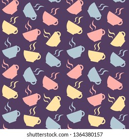 Seamless pattern with cups on violet background. Vector illustration