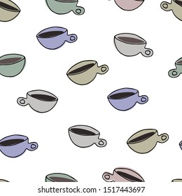Seamless pattern with cups on the white background. Surface design, cafe theme