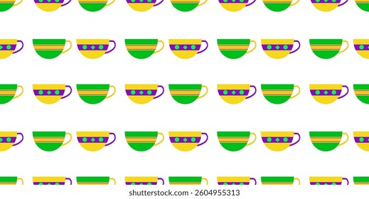 Seamless pattern with cups on a white background. Background with vector illustration in yellow and green colors