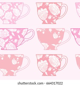 Seamless pattern with cups, pattern of pink peonies.