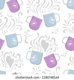 Seamless pattern with cups. Romantic wallpaper with tea or coffee.