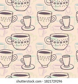 Seamless Pattern with Cups and saucer, mugs. Doodle style. For printing wrapping paper, packaging, fabric. Hand Drawn vector illustration.