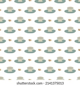Patrón sin foco con tazas, platillos y granos de café. Impresión con tazas para cafés, textiles y diseño. Ilustración plana del vector