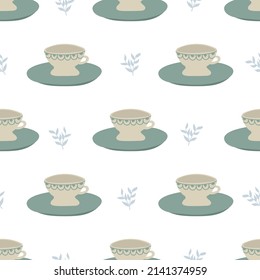 Seamless pattern with cups, saucers. Print with mugs for cafes, textiles and design. Vector flat illustration