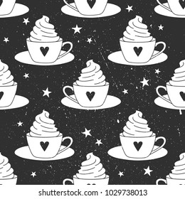 Seamless pattern with cups, stars. Decorative backdrop vector. Hand drawn overlapping background. Design illustration. Black and white wallpaper, good for printing. Funny wrapping, tea, coffee, cocoa