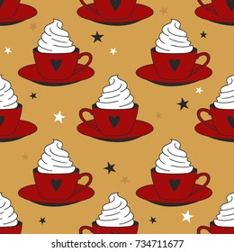 Seamless pattern with cups, stars. Decorative backdrop vector. Hand drawn overlapping background. Print, design illustration. Colorful wallpaper, good for printing. Funny wrapping, tea, coffee, cocoa