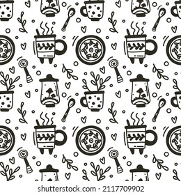 Patrón inquebrantable con tazas, tazón de azúcar, cucharas, platos, menaje para preparar café y té. Ilustración dibujada a mano estilo Doodle para el diseño del menú y el papel de envoltura.