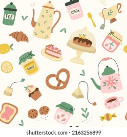 Seamless pattern with cups and sweeties; teapots. Vector illustration 