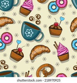 Seamless pattern with cups and sweets on a light background 