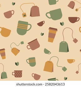 Seamless pattern with cups and tea bags, beige brown color, tea ceremony theme, cafe