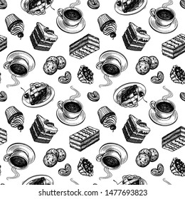 Seamless pattern with cups of tea or coffee and desserts. Ink sketches on white background. Hand drawn vector illustration. Retro style.