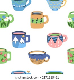 Seamless Pattern with cups with tea or coffee. Handmade ceramic with hand drawn patterns on cup and mug. Colored trendy vector illustration.  