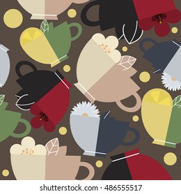 Seamless pattern with cups of tea. Four kinds of tea. Vector illustration, eps10