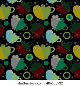 Seamless pattern with cups of tea. Four kinds of tea. Vector illustration, eps10