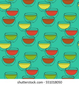 Seamless pattern with cups of tea glass double walled on a turquoise background.