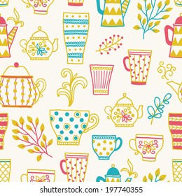 Seamless pattern with cups of tea, glasses and teapots. Perfect for wallpapers, pattern fills, web page backgrounds, surface textures, textile, wrapping papers. 