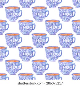 Seamless pattern with cups of tea. Hand-drawn background. Vector illustration. Real watercolor drawing.
