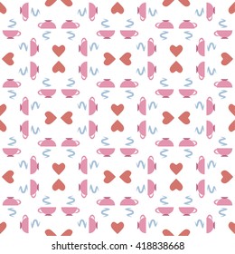 Seamless pattern with cups of tea, hearts