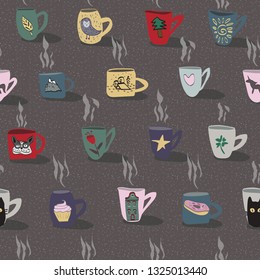 seamless pattern with cups of tea illustrations on brown background. Autumn and winter mood. Home decorations isolated on brown background. Cosy Vector 