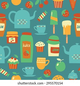 Seamless pattern with cups, tea kettle, pastries, candies, strawberries, apples, juice and ice cream. Vector illustration.