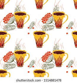 Seamless pattern with cups of tea and mountain ash. Bright vector texture on a white background.