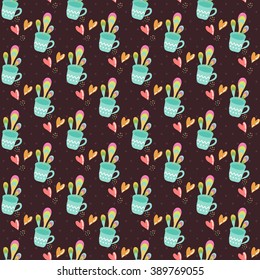 Seamless pattern with cups of tea on a dark background