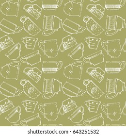 Seamless pattern of cups. Tea time, hand drawn, doodle, beautiful  contour. Vector illustration. 