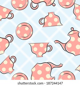 Seamless pattern with cups and teapot
