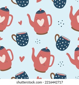 Seamless pattern of cups and teapots. Blue backdrop. Hygge cosy style for winter season. Design print to social media, kitchen fabric, textile, wallpaper, wrapping paper, banner, flyer, tee print.