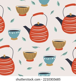 Seamless pattern of cups and teapots. Pink background. Hygge cosy style. Design print to social media, kitchen textile, wallpaper, wrapping paper, package.