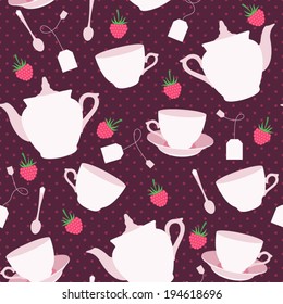 Seamless pattern with cups and teapots and raspberry