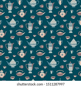 Seamless pattern with cups and teapots in scandinavian style. Cartoon children's cookware collection. Hyugge autumn or winter teatime vector illustration. Sweet home endless retro vintage background.
