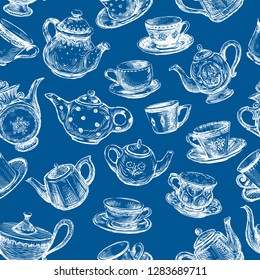 Seamless pattern of cups and teapots sketches