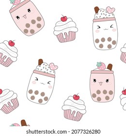 Seamless pattern cups of variety flavor sweet brown sugar bubble milk tea or boba tea in cute smile funny cartoon face and cupcake. Trendy beverage. Illustration vector on pastel pink background.