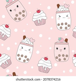 Seamless pattern cups of variety flavor sweet brown sugar bubble milk tea or boba tea in cute smile funny cartoon face and cupcake. Trendy beverage. Illustration vector on pastel pink background.