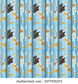 Seamless pattern. Curious kitty watching aquarium fish swimming among seaweed. Vector illustration of kitty hunting fish in flat style. Element for your design, card, print, textile, wrapping.