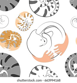Seamless pattern of curled and sleeping striped and white cats in the hands of a man on a white background