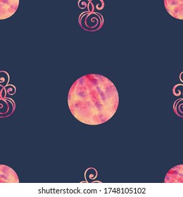 Seamless pattern of curls and circles with watercolor effect in pink, yellow colors on a dark blue background. Vector illustration for textile,  posters, banners, fabric, paper, web design.