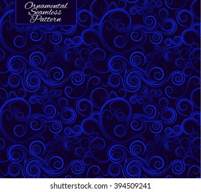 Seamless pattern with curls. Dark blue ornament. Vector illustration, eps10