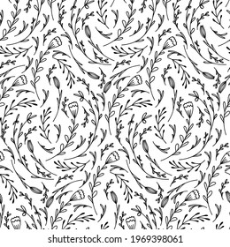 Seamless pattern with curls of doodle flowers and branches. Natural monochrome texture with petals and leaves. Vector wallpaper with black scribble drawings on a white background