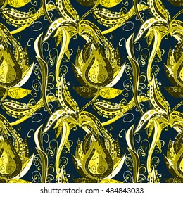 Seamless pattern with curls. Elegant scrollwork in the form of drops. Dark blue background with yellow and black patterns. Vintage ornament with floral stylized patterns.