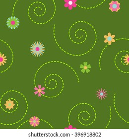 Seamless pattern of curls and flowers in various colors and shapes