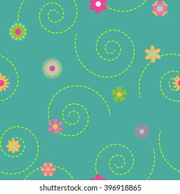 Seamless pattern of curls and flowers in various colors and shapes