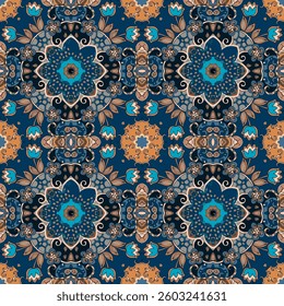 Seamless pattern with curls, mandalas and flowers in blue, beige and orange colors. Beautiful ethnic floral print for tablecloth, carpet, scarf, bedspread, pillow. African, Indian motifs.