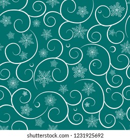 Seamless pattern of curls and snowflakes on a turquoise background